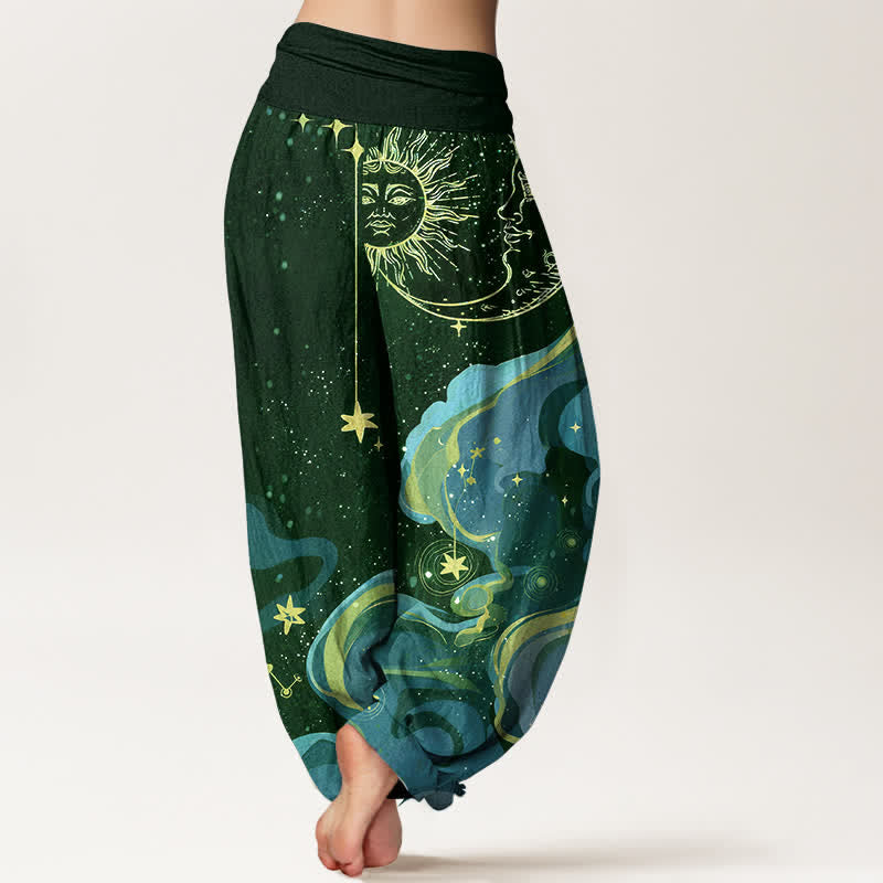 Buddha Stones Pantalones harem de algodón con estampado de sol celestial, luna y estrellas para mujer, con cintura elástica. - image 9