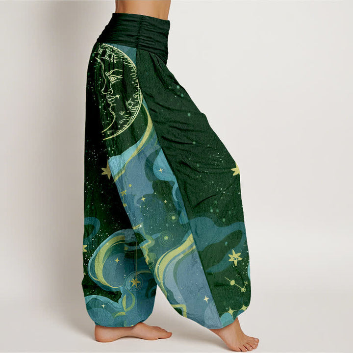 Buddha Stones Pantalones harem de algodón con estampado de sol celestial, luna y estrellas para mujer, con cintura elástica. - image 10