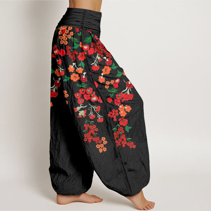 Buddha Stones Pantalones harem de algodón con estampado floral rojo estilo bohemio para mujer con cintura elástica. - image 2