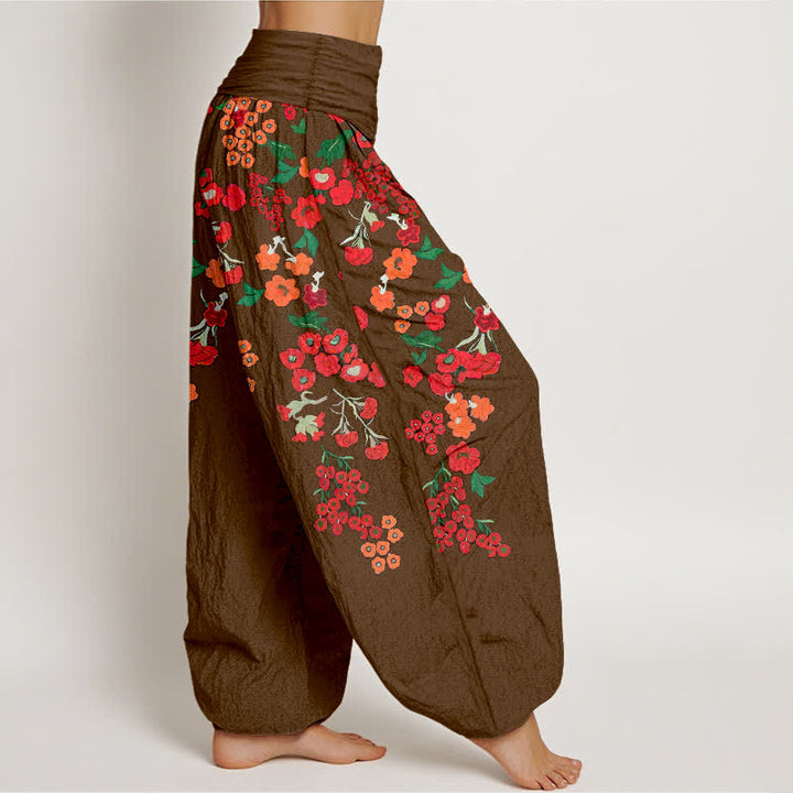 Buddha Stones Pantalones harem de algodón con estampado floral rojo estilo bohemio para mujer con cintura elástica. - image 7