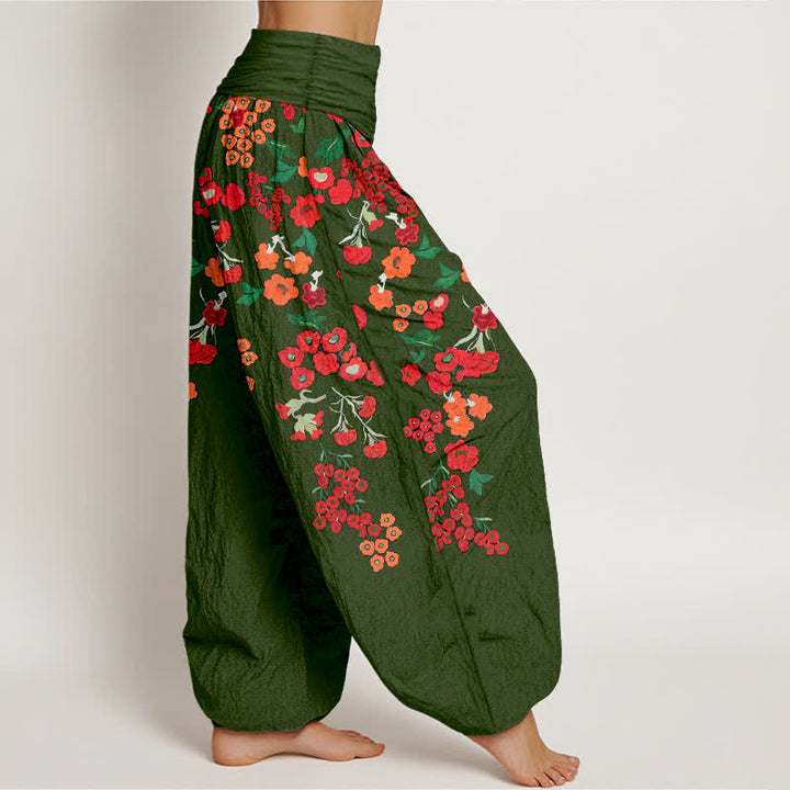 Buddha Stones Pantalones harem de algodón con estampado floral rojo estilo bohemio para mujer con cintura elástica. - image 10