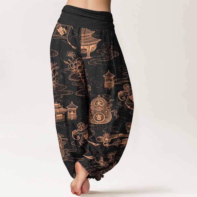 Buddha Stones Pantalones harem de mujer con cintura elástica y estampado de calabazas del Pabellón de Loto de Algodón - image 1
