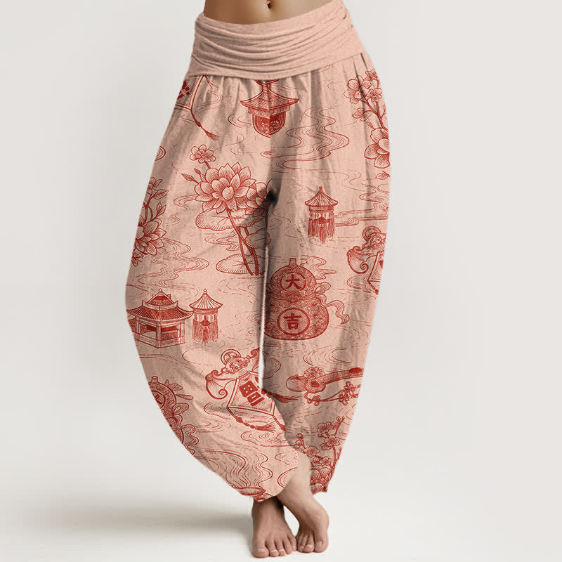 Buddha Stones Pantalones harem de mujer con cintura elástica y estampado de calabazas del Pabellón de Loto de Algodón - PeachPuff - US16，UK/AU20，EU48 (3XL) - image 5