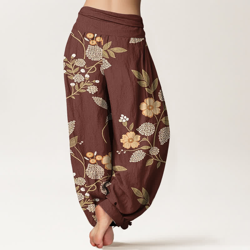 Buddha Stones Pantalones harem de algodón puro con estampado floral vintage y cintura elástica para mujer. - image 1