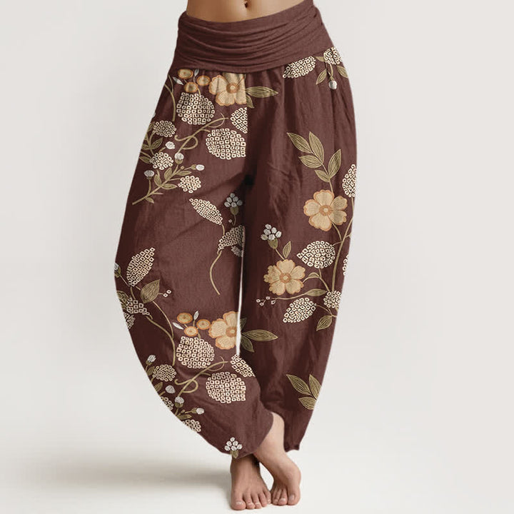 Buddha Stones Pantalones harem de algodón puro con estampado floral vintage y cintura elástica para mujer. - Tierra de siena - US16，UK/AU20，EU48 (3XL) - image 0