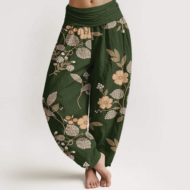 Buddha Stones Pantalones harem de algodón puro con estampado floral vintage y cintura elástica para mujer. - Verde oliva oscuro - US16，UK/AU20，EU48 (3XL) - image 5