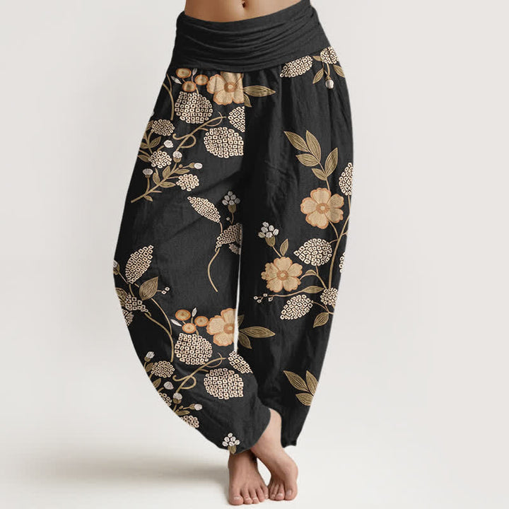 Buddha Stones Pantalones harem de algodón puro con estampado floral vintage y cintura elástica para mujer. - Negro - US16，UK/AU20，EU48 (3XL) - image 8