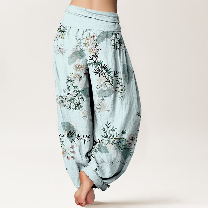 Buddha Stones Pantalones harem de algodón con estampado de abanico de flores de bambú para mujer con cintura elástica. - image 1