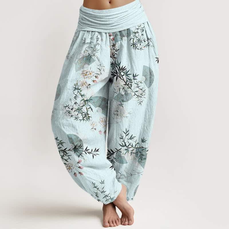 Buddha Stones Pantalones harem de algodón con estampado de abanico de flores de bambú para mujer con cintura elástica. - Turquesa pálido - US16，UK/AU20，EU48 (3XL) - image 0