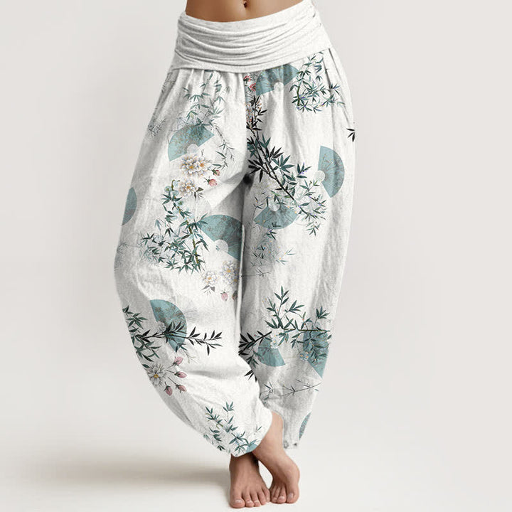 Buddha Stones Pantalones harem de algodón con estampado de abanico de flores de bambú para mujer con cintura elástica. - Blanco - US16，UK/AU20，EU48 (3XL) - image 5