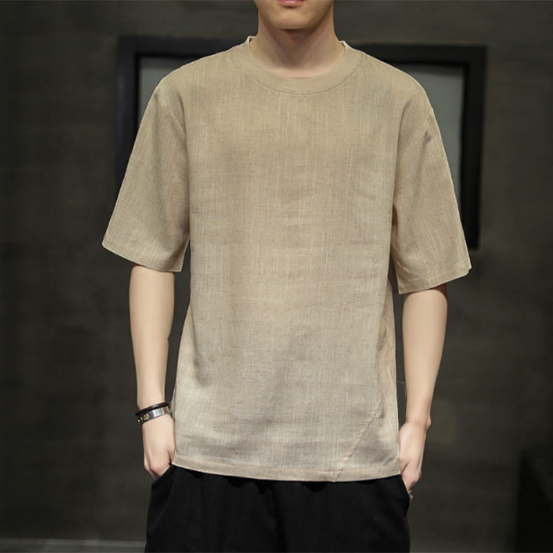 Buddha Stones Camisetas de manga corta de lino para hombre, estilo casual de verano, minimalistas, con cuello redondo y color liso. - Broncearse - US/UK/AU48, EU58 (5XL) - image 0