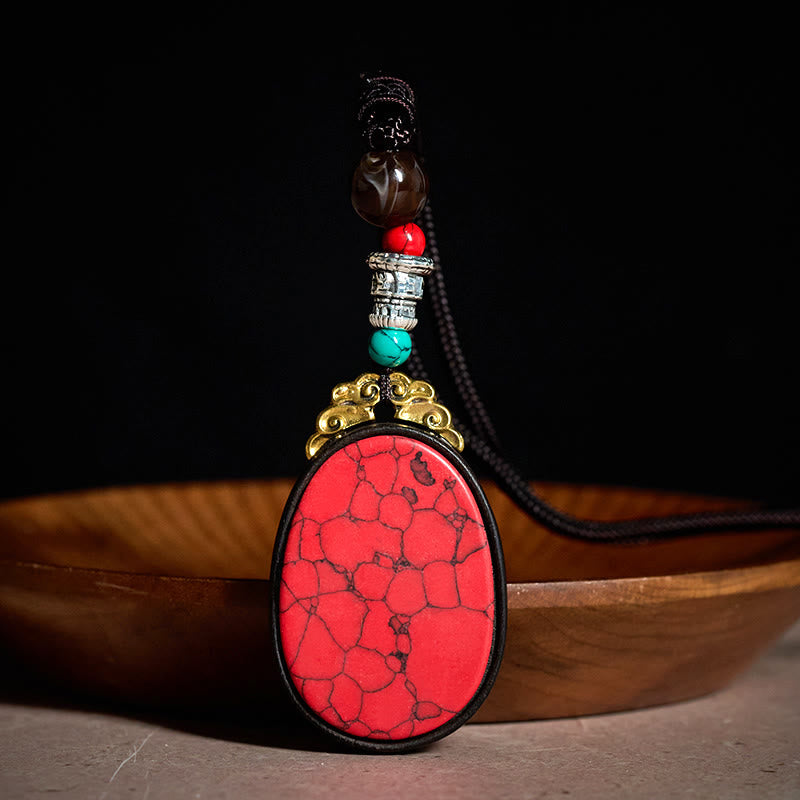 Buddha Stones Collar ovalado tribal hecho a mano en madera de ébano con diseño de sabiduría. - Rojo - Madera de ébano (Equilibrio♥Calma) - image 1