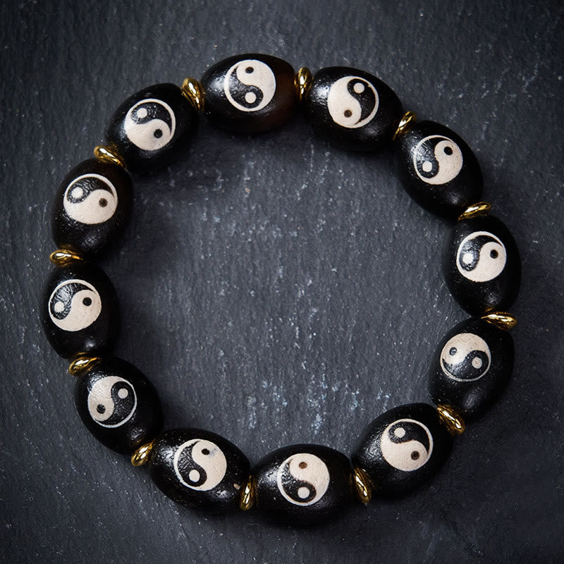 Buddha Stones Pulsera de protección con símbolo de Yin Yang de ágata tibetana Dzi - 17-18 cm - image 0