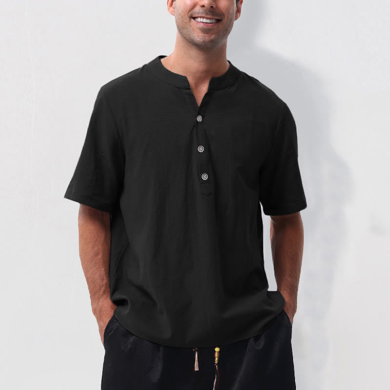 Buddha Stones Camisa de manga corta para hombre, estilo casual de verano, con cuello mandarín, botones hasta la mitad, de algodón y lino. - Negro - US/UK/AU50, EU60 (5XL) - image 12