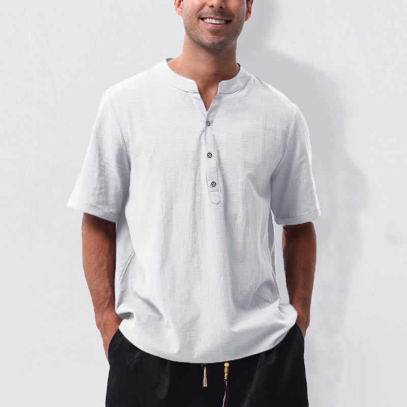 Buddha Stones Camisa de manga corta para hombre, estilo casual de verano, con cuello mandarín, botones hasta la mitad, de algodón y lino. - Blanco - US/UK/AU50, EU60 (5XL) - image 20