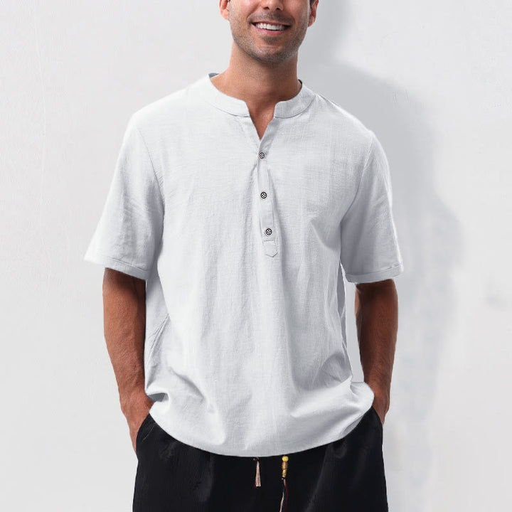 Buddha Stones Camisa de manga corta para hombre, estilo casual de verano, con cuello mandarín, botones hasta la mitad, de algodón y lino. - Blanco - US/UK/AU50, EU60 (5XL) - image 20