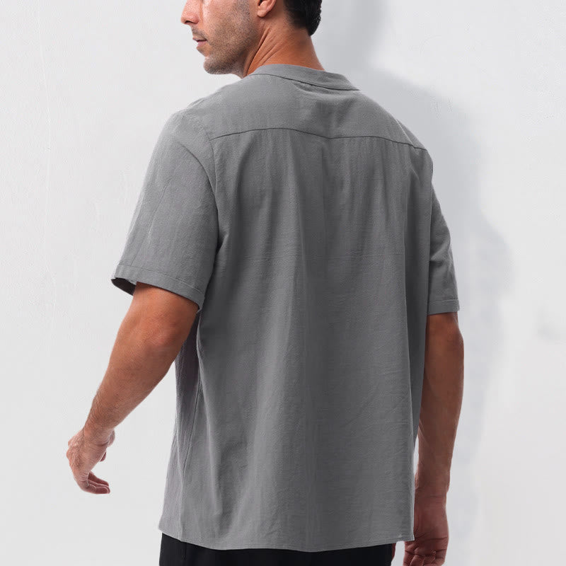 Buddha Stones Camisa de manga corta para hombre, estilo casual de verano, con cuello mandarín, botones hasta la mitad, de algodón y lino. - image 3