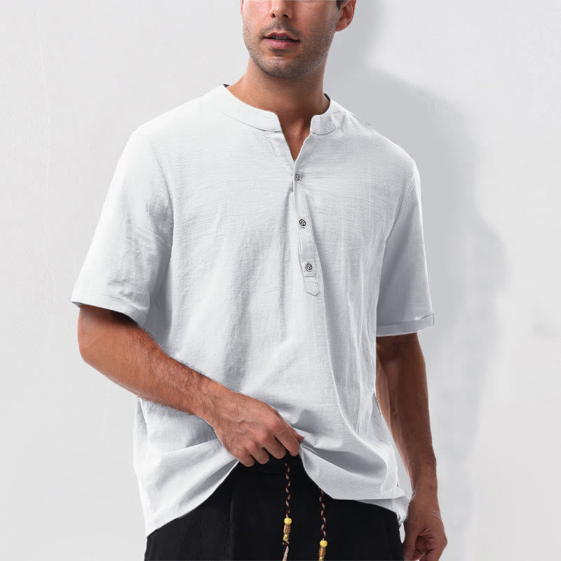 Buddha Stones Camisa de manga corta para hombre, estilo casual de verano, con cuello mandarín, botones hasta la mitad, de algodón y lino. - image 21