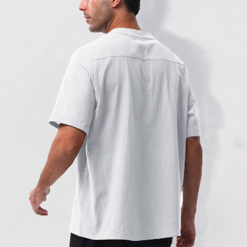 Buddha Stones Camisa de manga corta para hombre, estilo casual de verano, con cuello mandarín, botones hasta la mitad, de algodón y lino. - image 22