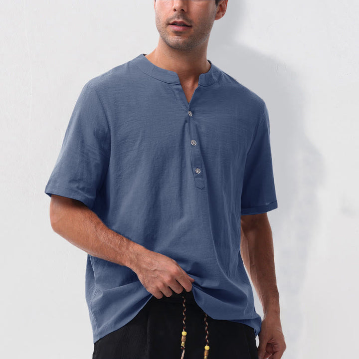 Buddha Stones Camisa de manga corta para hombre, estilo casual de verano, con cuello mandarín, botones hasta la mitad, de algodón y lino. - image 17
