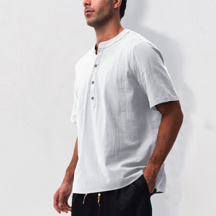 Buddha Stones Camisa de manga corta para hombre, estilo casual de verano, con cuello mandarín, botones hasta la mitad, de algodón y lino. - image 23