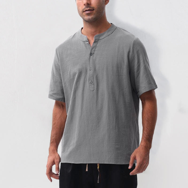 Buddha Stones Camisa de manga corta para hombre, estilo casual de verano, con cuello mandarín, botones hasta la mitad, de algodón y lino. - image 6