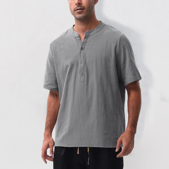 Buddha Stones Camisa de manga corta para hombre, estilo casual de verano, con cuello mandarín, botones hasta la mitad, de algodón y lino. - image 6