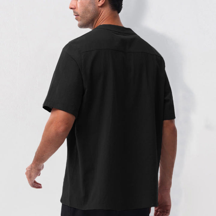 Buddha Stones Camisa de manga corta para hombre, estilo casual de verano, con cuello mandarín, botones hasta la mitad, de algodón y lino. - image 15