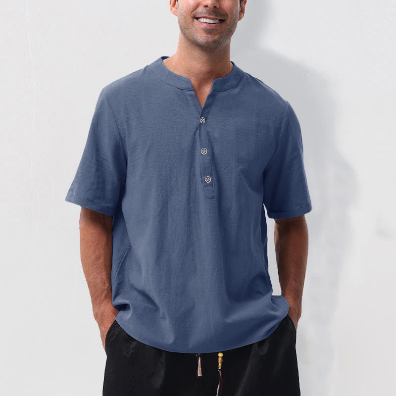 Buddha Stones Camisa de manga corta para hombre, estilo casual de verano, con cuello mandarín, botones hasta la mitad, de algodón y lino. - Azul acero - US/UK/AU50, EU60 (5XL) - image 16