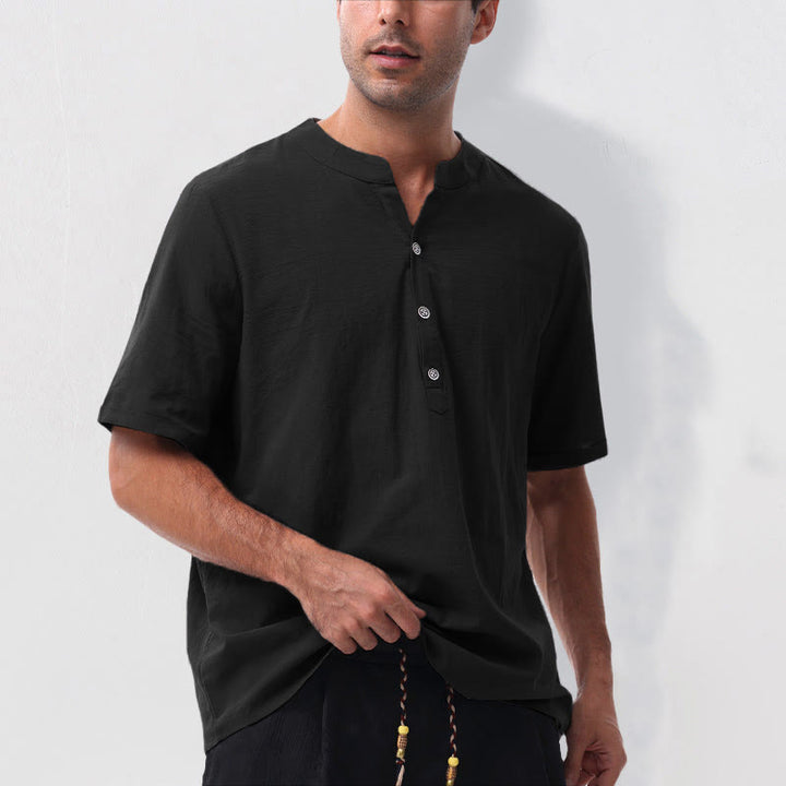 Buddha Stones Camisa de manga corta para hombre, estilo casual de verano, con cuello mandarín, botones hasta la mitad, de algodón y lino. - image 13
