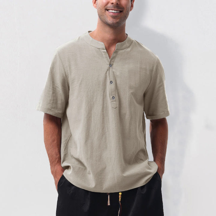 Buddha Stones Camisa de manga corta para hombre, estilo casual de verano, con cuello mandarín, botones hasta la mitad, de algodón y lino. - Lino - US/UK/AU50, EU60 (5XL) - image 8