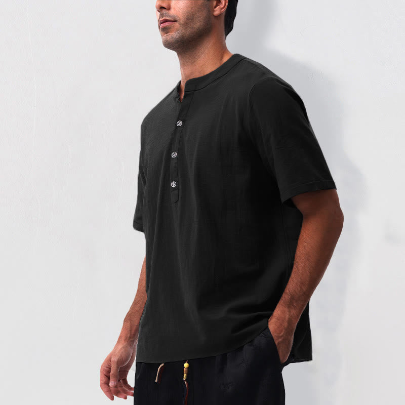 Buddha Stones Camisa de manga corta para hombre, estilo casual de verano, con cuello mandarín, botones hasta la mitad, de algodón y lino. - image 14