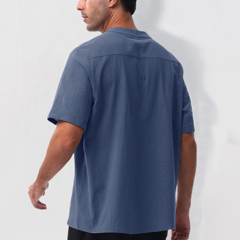 Buddha Stones Camisa de manga corta para hombre, estilo casual de verano, con cuello mandarín, botones hasta la mitad, de algodón y lino. - image 19