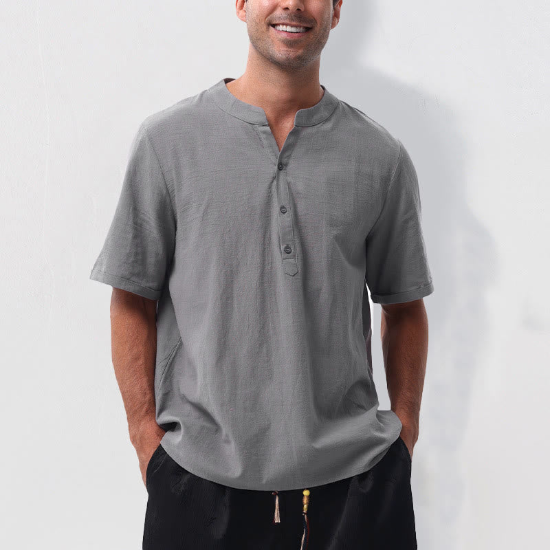 Buddha Stones Camisa de manga corta para hombre, estilo casual de verano, con cuello mandarín, botones hasta la mitad, de algodón y lino. - Gris - US/UK/AU50, EU60 (5XL) - image 0
