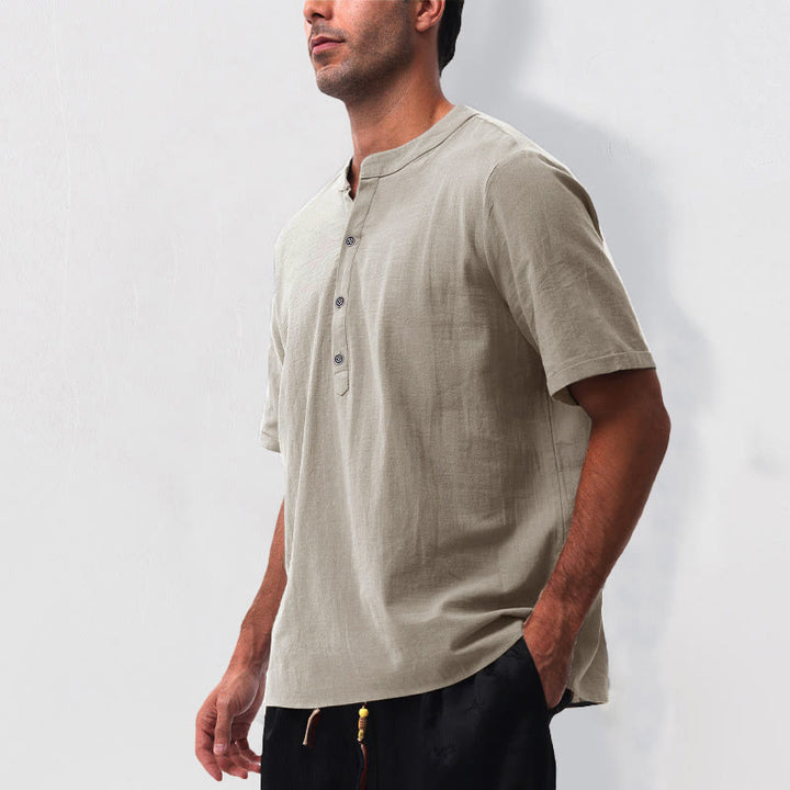 Buddha Stones Camisa de manga corta para hombre, estilo casual de verano, con cuello mandarín, botones hasta la mitad, de algodón y lino. - image 11