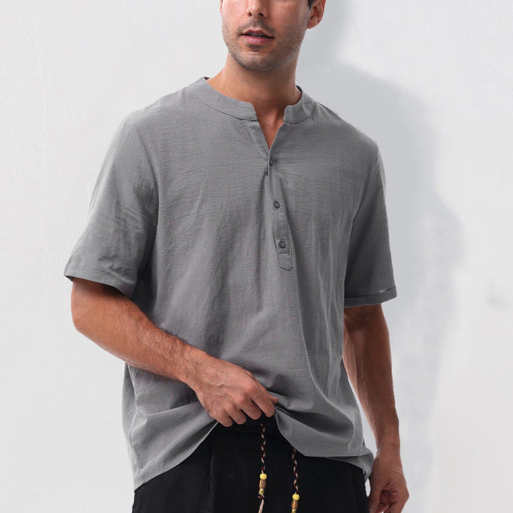Buddha Stones Camisa de manga corta para hombre, estilo casual de verano, con cuello mandarín, botones hasta la mitad, de algodón y lino. - image 7