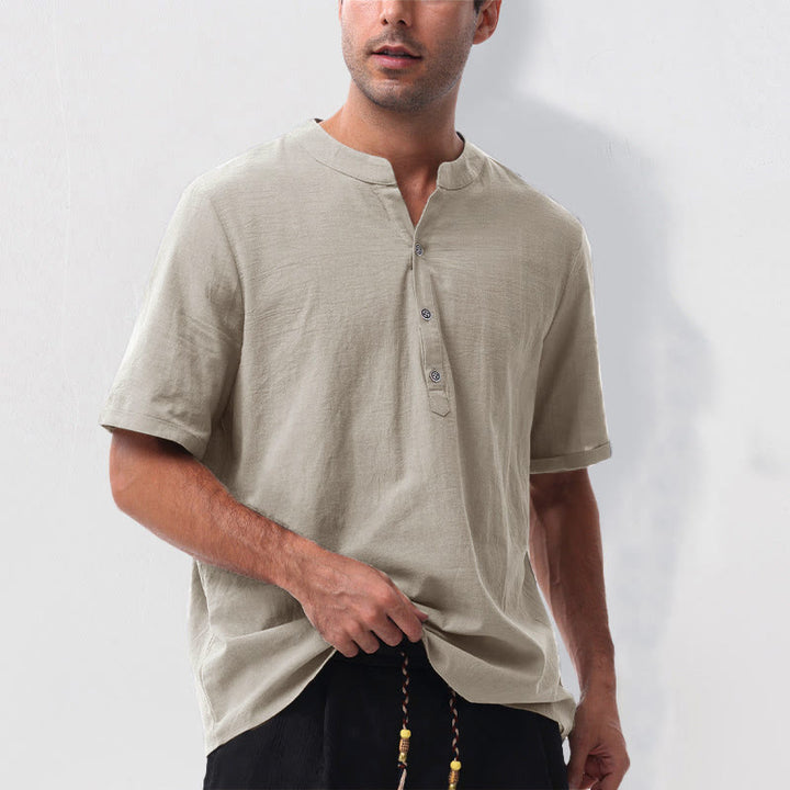 Buddha Stones Camisa de manga corta para hombre, estilo casual de verano, con cuello mandarín, botones hasta la mitad, de algodón y lino. - image 9
