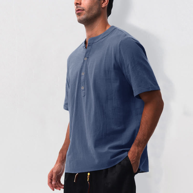 Buddha Stones Camisa de manga corta para hombre, estilo casual de verano, con cuello mandarín, botones hasta la mitad, de algodón y lino. - image 18
