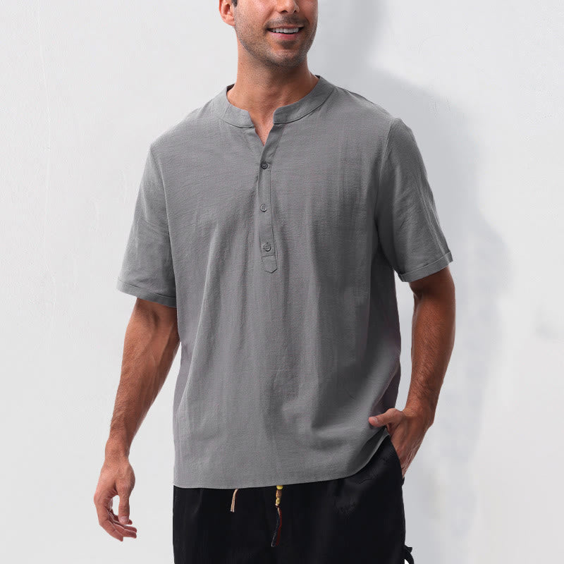 Buddha Stones Camisa de manga corta para hombre, estilo casual de verano, con cuello mandarín, botones hasta la mitad, de algodón y lino. - image 4
