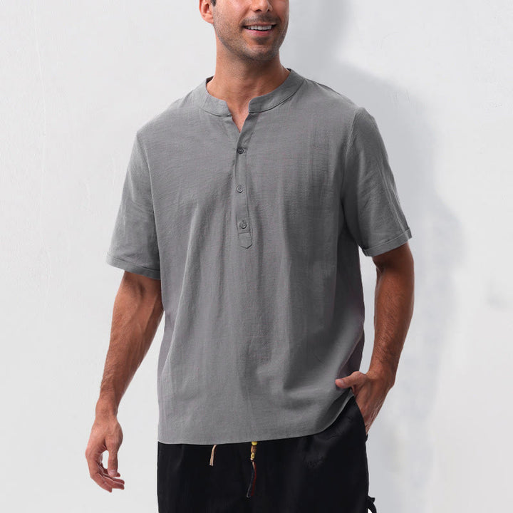 Buddha Stones Camisa de manga corta para hombre, estilo casual de verano, con cuello mandarín, botones hasta la mitad, de algodón y lino. - image 4