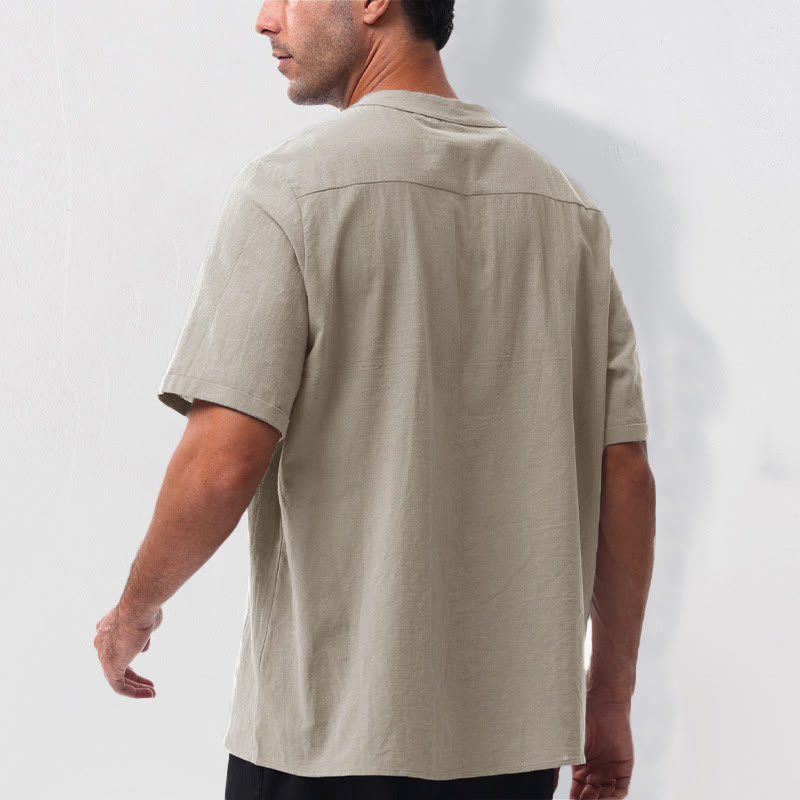 Buddha Stones Camisa de manga corta para hombre, estilo casual de verano, con cuello mandarín, botones hasta la mitad, de algodón y lino. - image 10