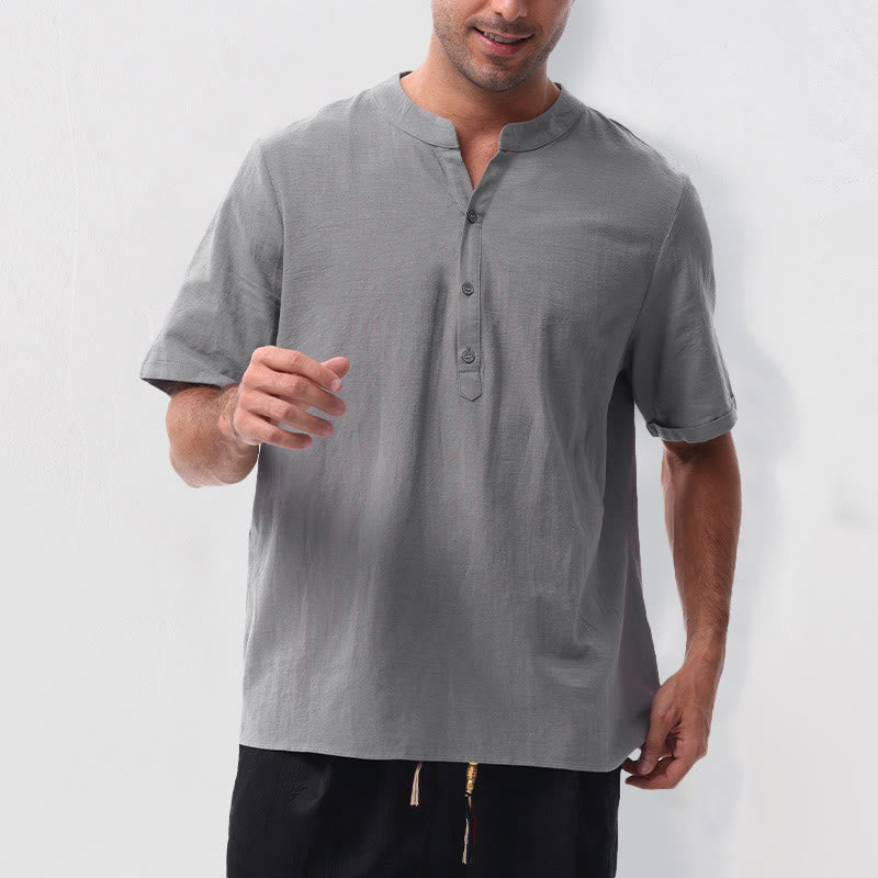 Buddha Stones Camisa de manga corta para hombre, estilo casual de verano, con cuello mandarín, botones hasta la mitad, de algodón y lino. - image 1