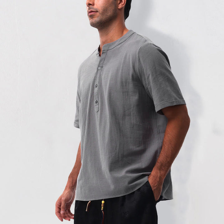 Buddha Stones Camisa de manga corta para hombre, estilo casual de verano, con cuello mandarín, botones hasta la mitad, de algodón y lino. - image 2