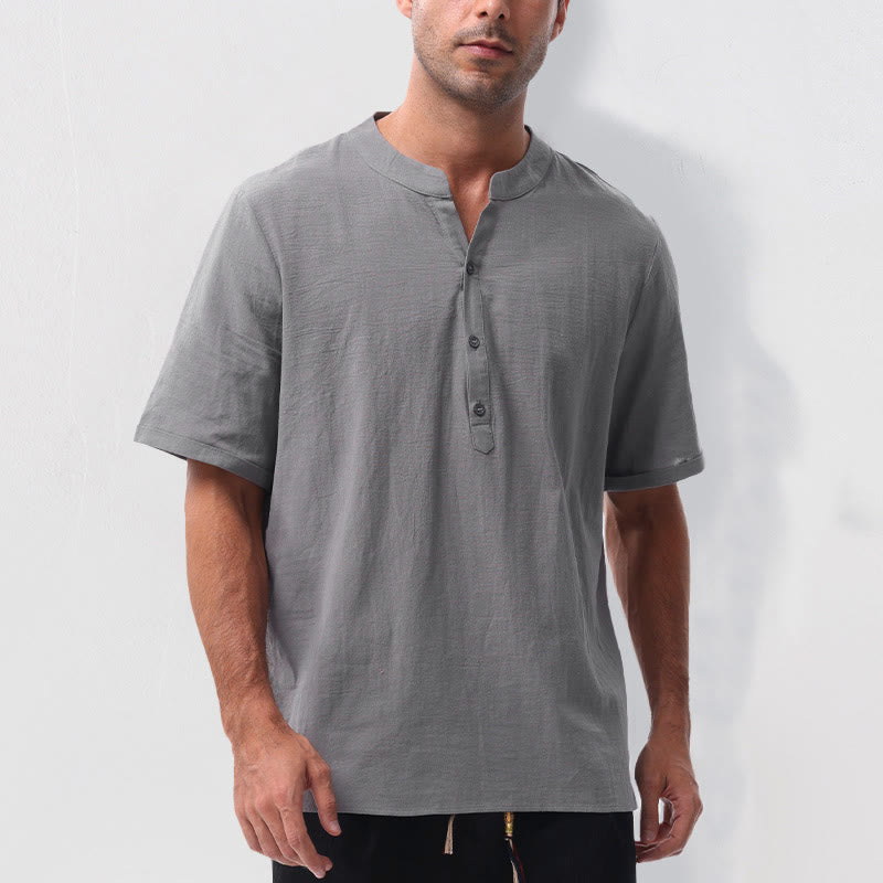 Buddha Stones Camisa de manga corta para hombre, estilo casual de verano, con cuello mandarín, botones hasta la mitad, de algodón y lino. - image 5