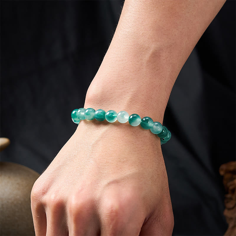 Buddha Stones Pulsera de cuentas redondas con estampado floral azul y equilibrio emocional de calcedonia blanca - image 4
