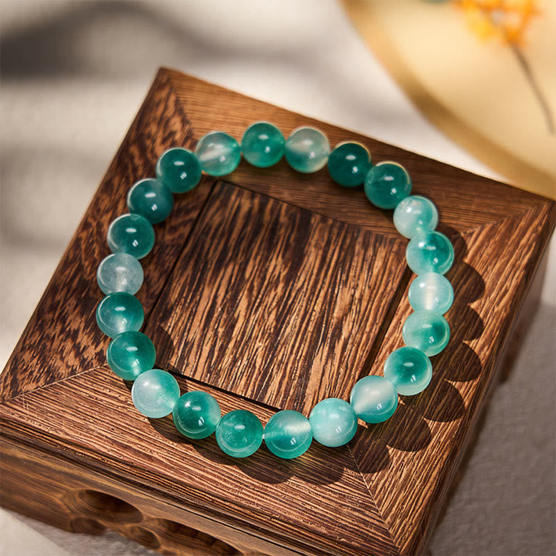 Buddha Stones Pulsera de cuentas redondas con estampado floral azul y equilibrio emocional de calcedonia blanca - image 1