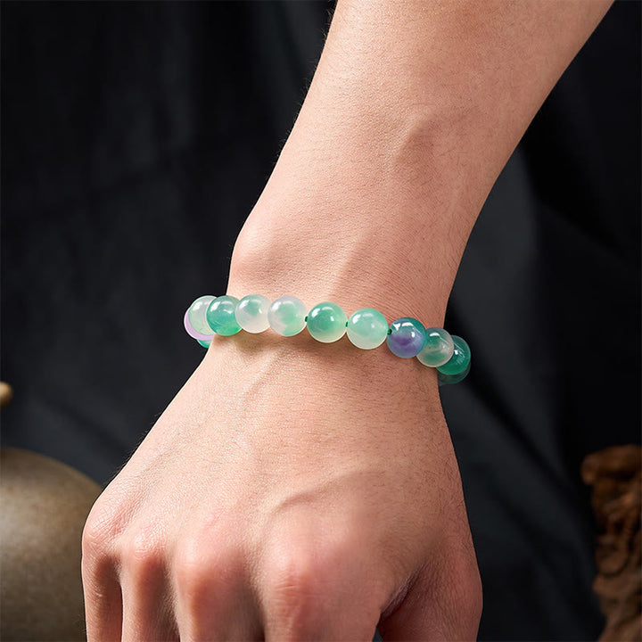 Buddha Stones Pulsera de cuentas redondas con estampado floral azul y equilibrio emocional de calcedonia blanca - image 10