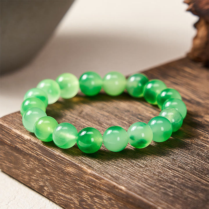Buddha Stones Pulsera redonda de cuentas con flor flotante verde y calcedonia blanca - 10 mm - Calcedonia blanca (Armonía♥Positiva) - image 6