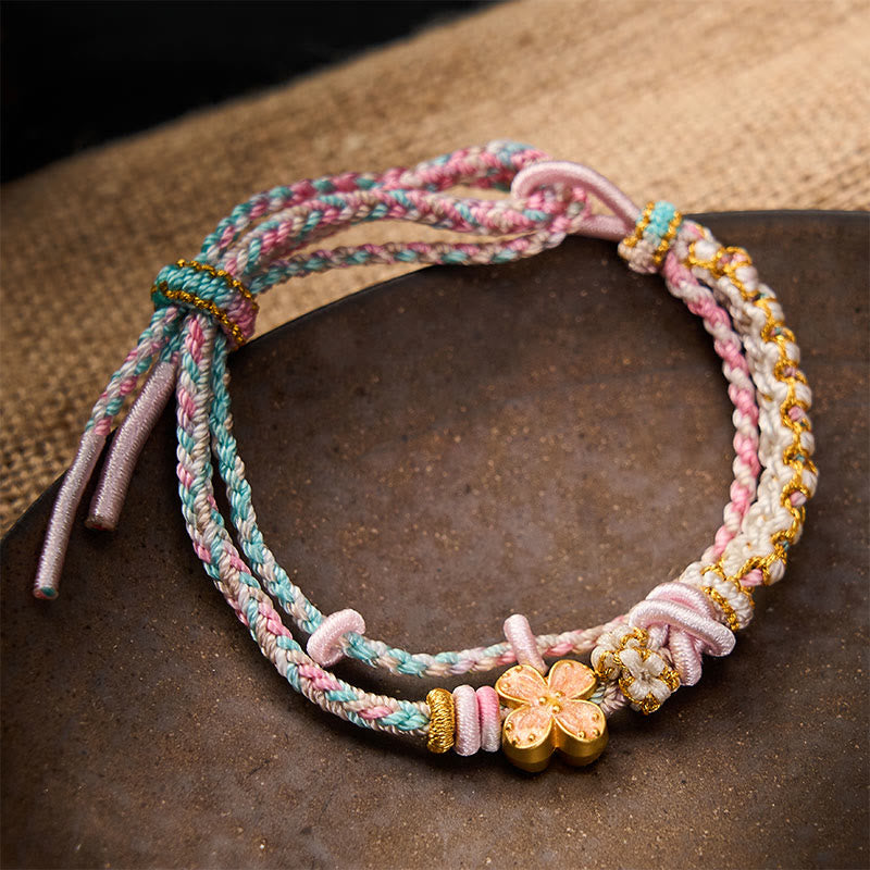 Buddha Stones Pulsera de doble capa con nudos de flor de durazno tejida a mano - Rosa - Con accesorio de flor rosa - image 8