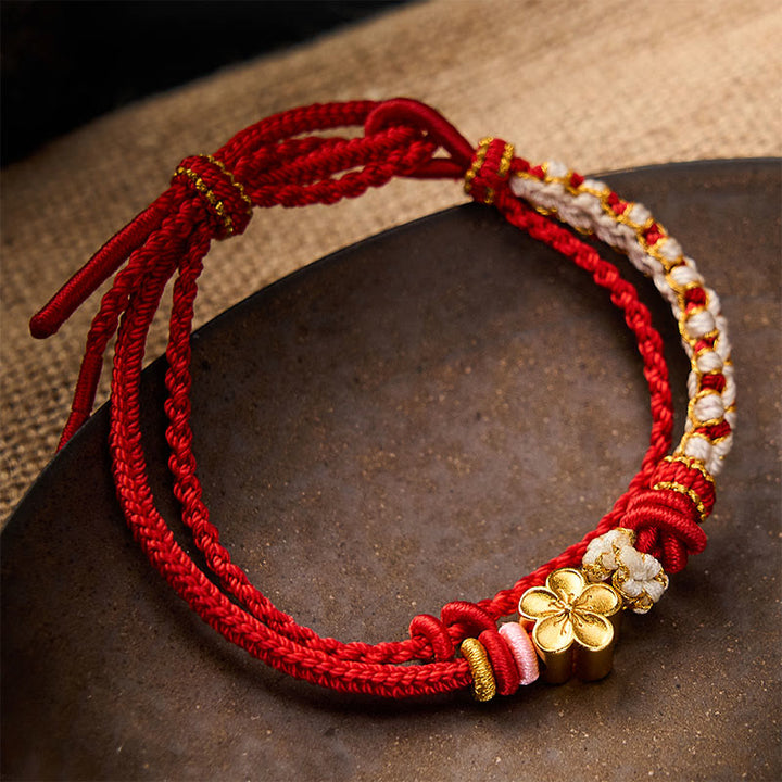 Buddha Stones Pulsera de doble capa con nudos de flor de durazno tejida a mano - Rojo - Con accesorio de flor de durazno - image 0